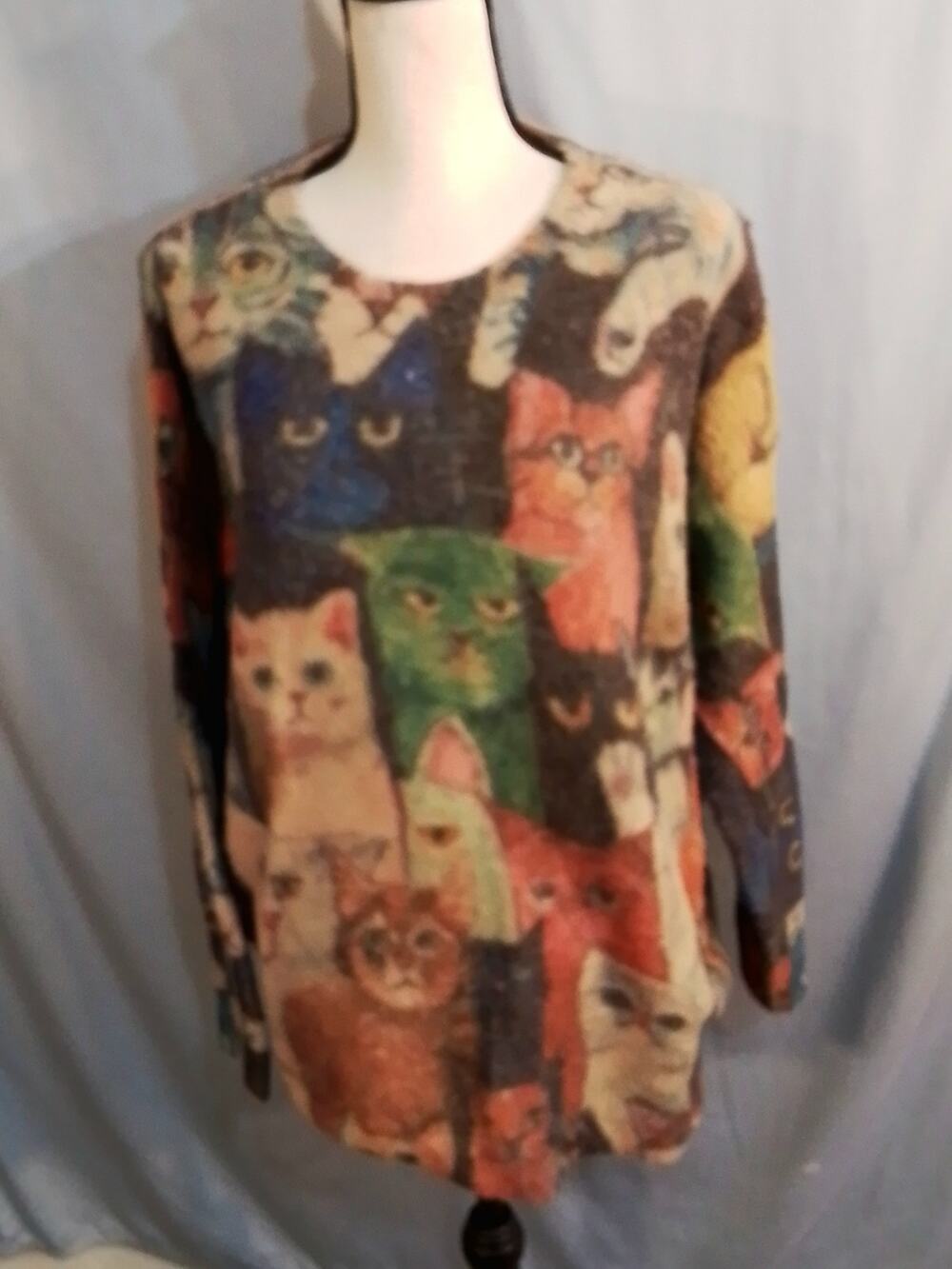 Crazy Cat sweater tan with multi colored cats